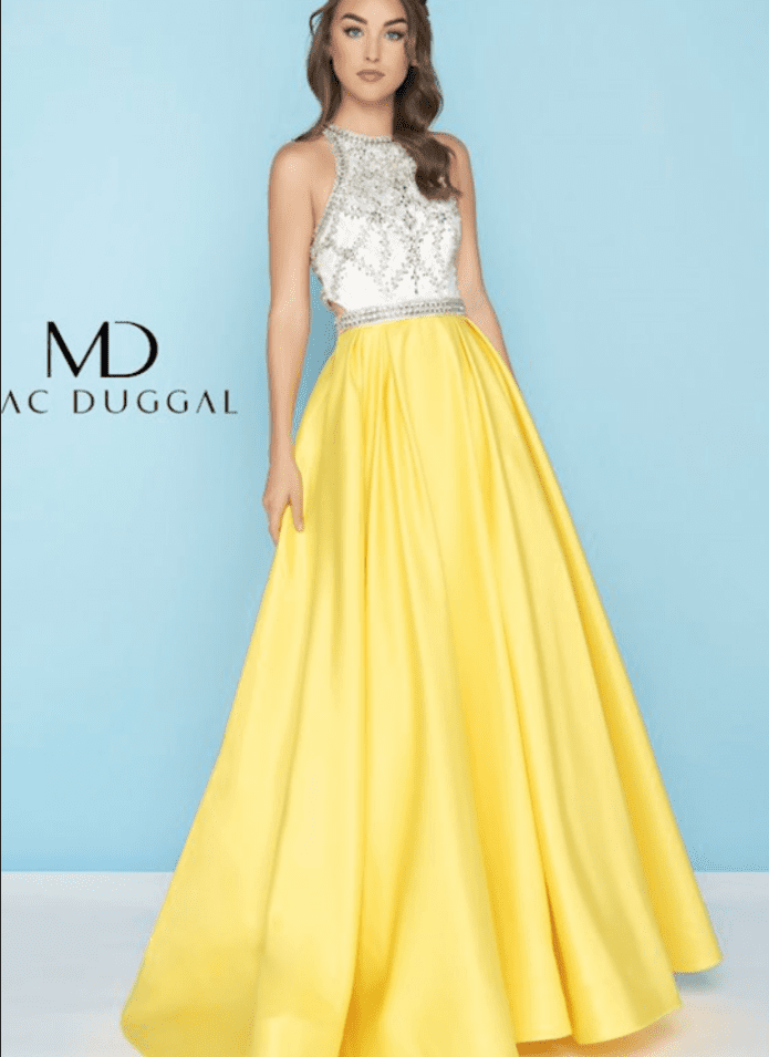 Cream Sequined & Yellow Ball Gown from Mac Duggal at B&B Couture