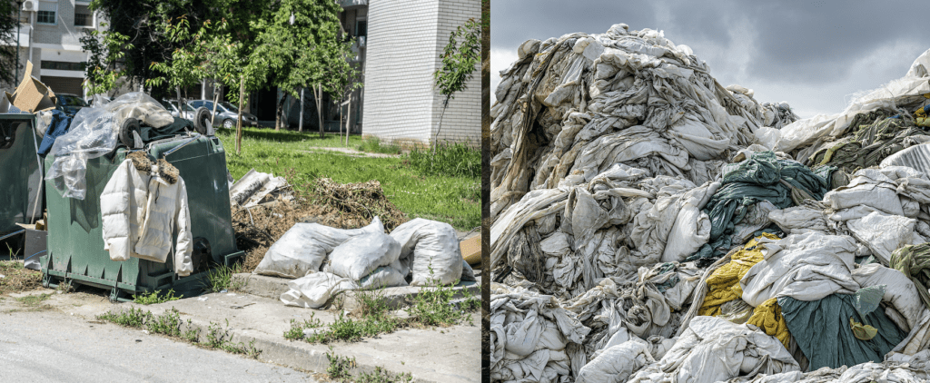 Pictured: piles of discarded clothes from fast fashion. The low cost materials used to make the clothing for fast fashion brands can be very harmful to our environment and cause a lot of damage.