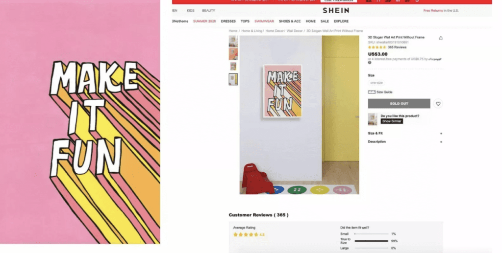 The Make It Fun design by Krista Perry versus the same design on the SHEIN website