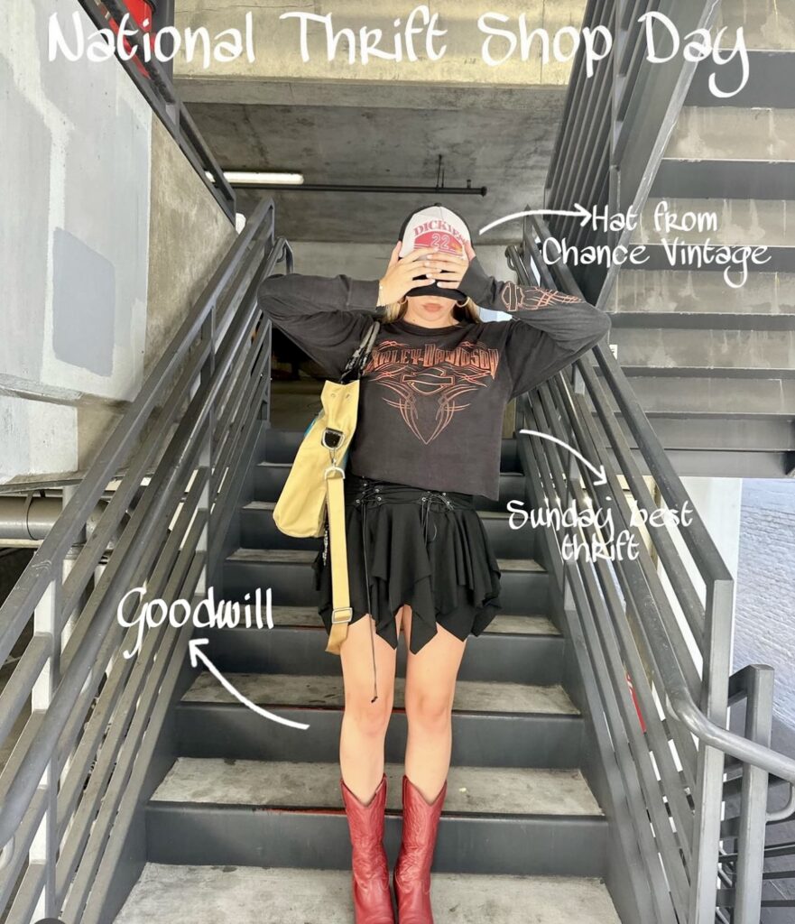 Slow fashion example outfit: a hat from Chance Vintage, a top from Sunday Best Thrift, and boots from Goodwill