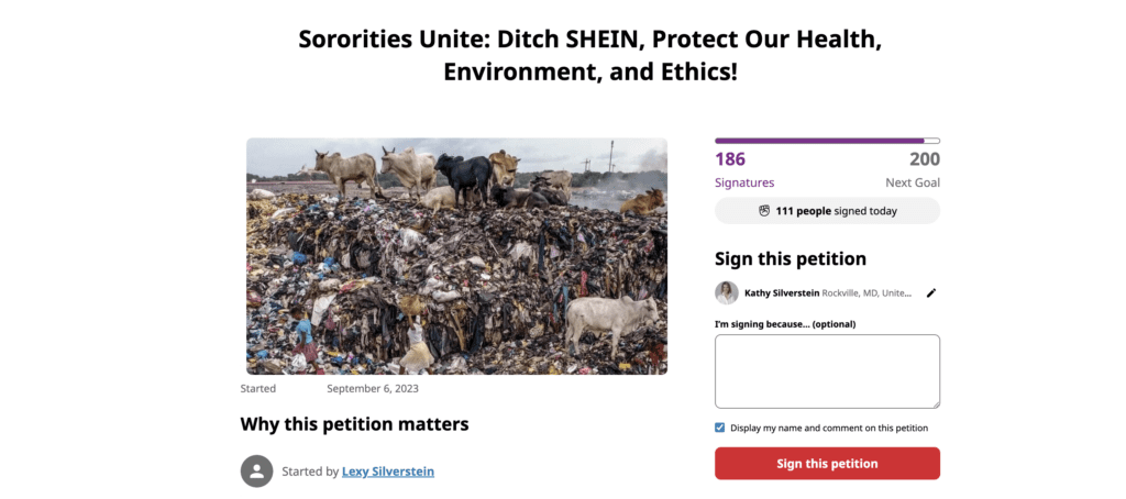 A petition on Change.org to urge sororities to stop shopping at SHEIN