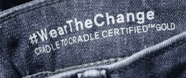 Cradle to Cradle Certified label on a pair of denim jeans