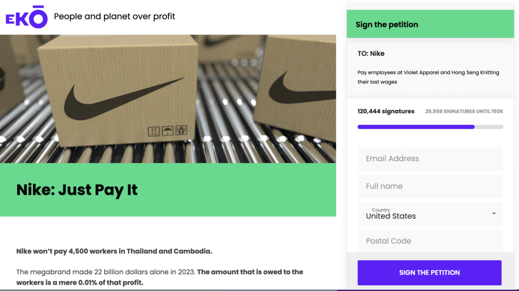 The EKO petition asking Nike to pay its garment workers what they are owed