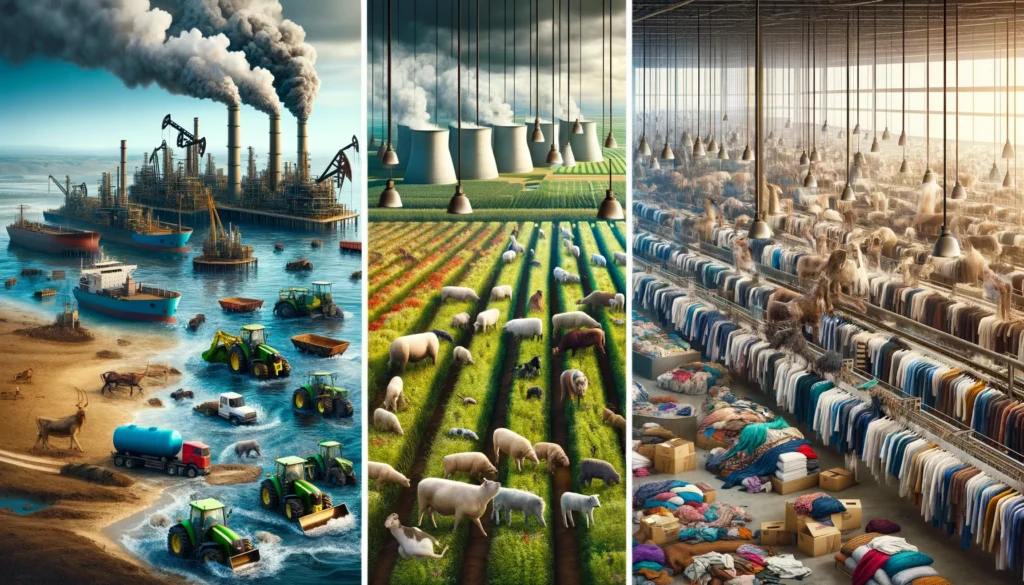 A collage of industries - including fast fashion - polluting the planet