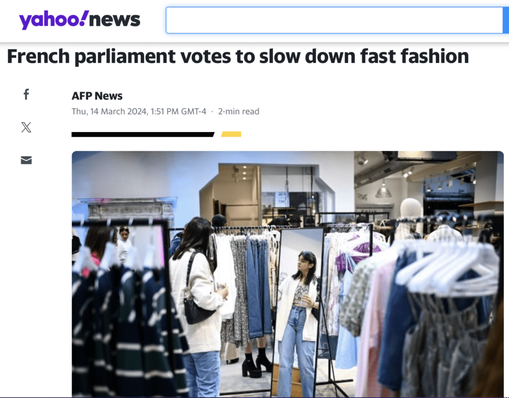 Screenshot of a news article about the French parliament voting to regulate the fast fashion industry