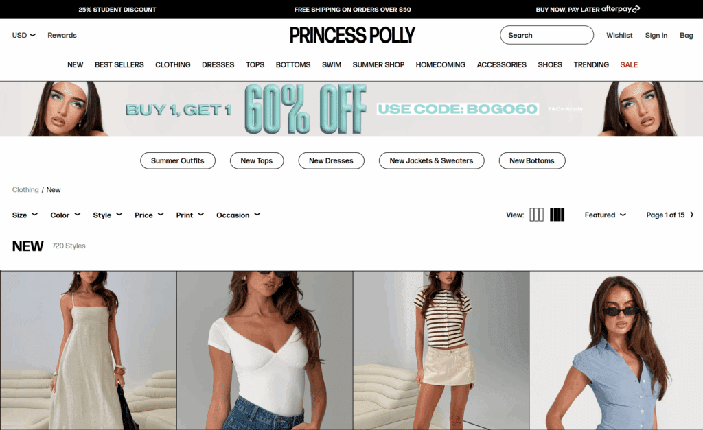 Screenshot of the Princess Polly website displaying 720 new styles
