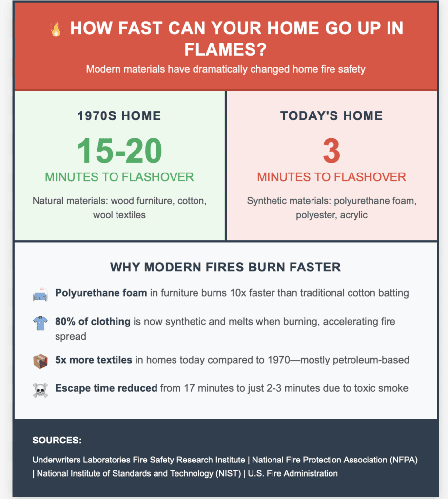 Lexy Silverstein, Sustainable Fashion Advocate The reason modern fires spread so fast is largely due to the materials in our homes. Today’s furnishings are mostly synthetic, such as polyurethane foam, polyester, nylon, and acrylic. These petroleum-based materials burn much faster than natural materials like wood, wool, and cotton, which were more commonly used in the past.
While candles have always posed a fire risk, the environment in which they burn has changed dramatically. A knocked-over candle today, landing on a polyester blanket or a polyurethane-filled couch, is much more dangerous than it was decades ago. Modern materials burn faster, release toxic gases, and make it much harder for people to escape.