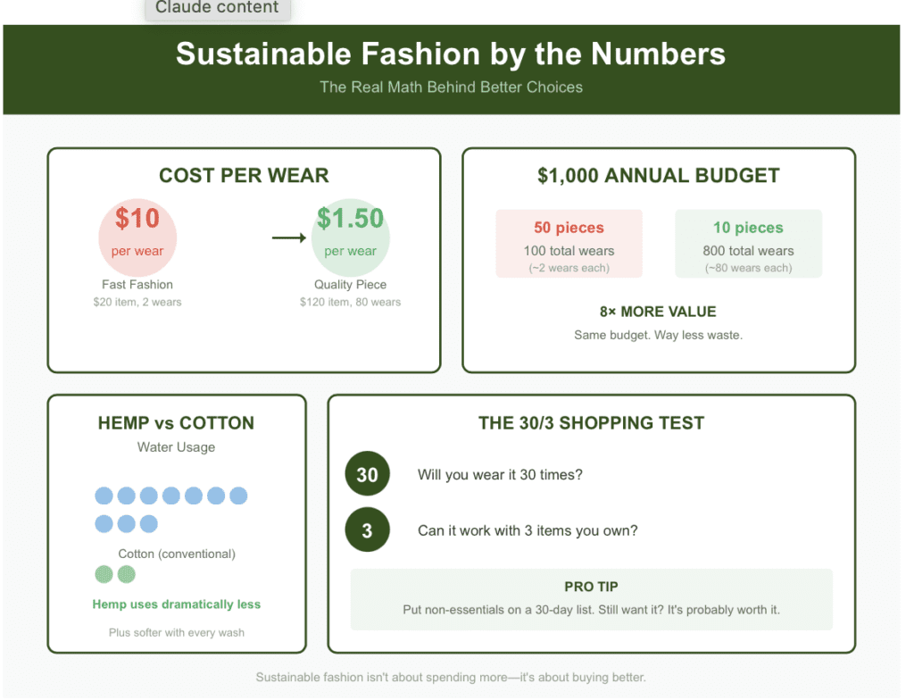 Myth #1: “Sustainable fashion is always more expensive.”
The assumption: If it’s eco-friendly, it must cost as much as your rent. ☹️
The reality: Sustainable fashion isn’t about spending more. It’s about buying better.
But before we even get into cost-per-wear, I think we need to change our mindset. When you look at clothing short term, everything feels expensive. When you look at it long term, everything changes.
So let’s walk through a real example.
A $20 fast-fashion top that falls apart after two wears costs you $10 per wear.
A well-made $120 shirt you wear 80 times over a couple of years? That comes out to about $1.50 per wear. When you’re done with it, you can donate it, resell it, pass it along to a friend, or give it a second life in someone else’s closet. Suddenly the “expensive” shirt is the budget option.
Now let’s zoom out even bigger.
What if you spend $1,000 on fast-fashion pieces through the year?
At an average of $20 per item, that’s about 50 pieces. Most of those items last a few washes, lose their shape, or sit in the back of your closet because they were impulse buys. If you wear each one twice, you’re getting maybe 100 total wears out of the whole $1,000.
Now imagine spending the same $1,000 on ten well-made pieces, each around $100.
If each of those pieces lasts for years and gets 80 wears, you’re getting 800 wears total. Same budget, eight times more value, way less waste.
Let’s talk cost-per-wear.
Fast fashion: roughly $10 per wear.
Quality pieces: closer to $1 or $2 per wear.
The math isn’t just different. The mindset is. Sustainable fashion isn’t about buying pricier things. It’s about investing in clothes that last, feel better, and don’t end up in a landfill after a weekend.
