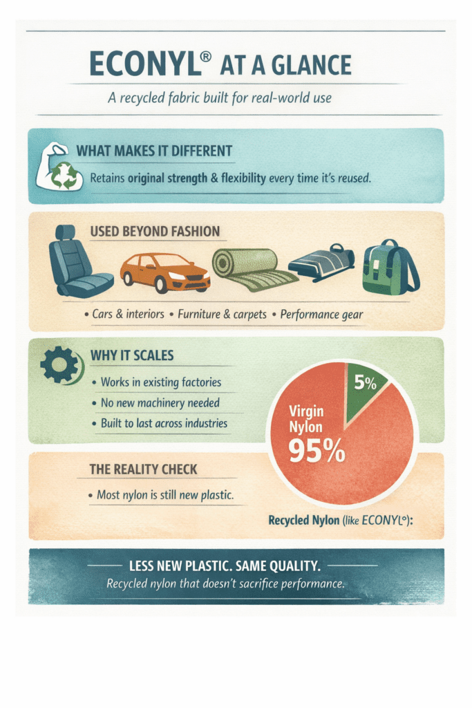 Econyl is nylon, just like the regular nylon you'll find in everything from swimsuits to activewear to your favorite pair of tights. It's got the same stretch, the same durability, the same performance. But here's what makes it different: instead of being made from petroleum like traditional nylon, Econyl is recycled nylon created from waste that would otherwise end up polluting our planet. We're talking fishing nets pulled from the ocean, old carpets ripped out of offices, fabric scraps from manufacturing floors, and other nylon waste.