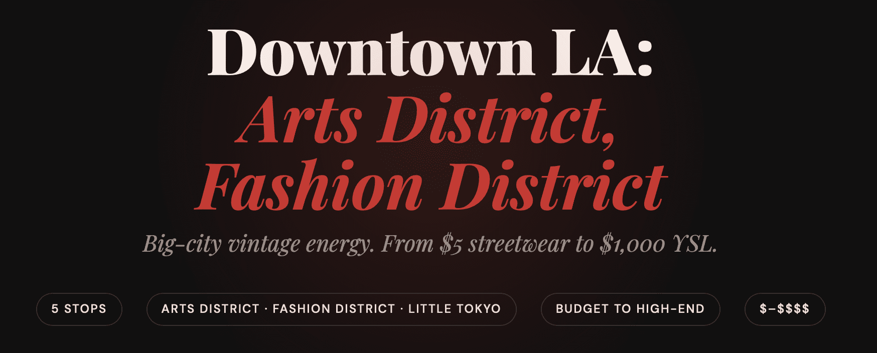 DTLA's thrift scene is less about a single strip and more about knowing which warehouses and buildings to walk into. The Fashion District bleeds into the Arts District which bleeds into Little Tokyo, and the vintage shops here reflect all of it — streetwear, luxury consignment, mission-driven resale, and everything in between.