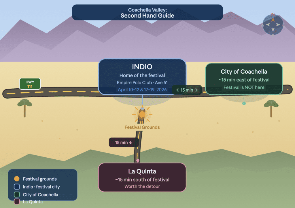 A quick geography note before we get into it, because this confuses people every year. The Coachella Valley is a region — a string of desert cities stretching about 45 miles along Highway 111. The festival takes place at the Empire Polo Club in Indio. Not in the city of Coachella, which is a completely separate place about 15 minutes further east. La Quinta is 15 minutes south of the festival grounds. These are different cities. All worth your time. The 2026 festival runs April 10–12 and April 17–19 at Empire Polo Club, 81800 Avenue 51, Indio, CA.