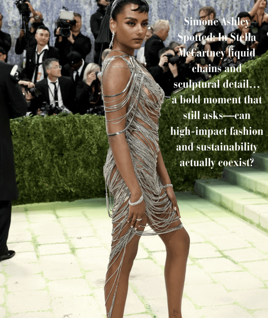 Simone Ashley in Stella McCartney's liquid chain construction, which raised a fair question: can high-impact fashion and sustainability actually coexist? The answer is yes, sometimes, if the brand behind it has done the work. McCartney has. That doesn't mean every choice is perfect, but it means the question is worth asking more often.