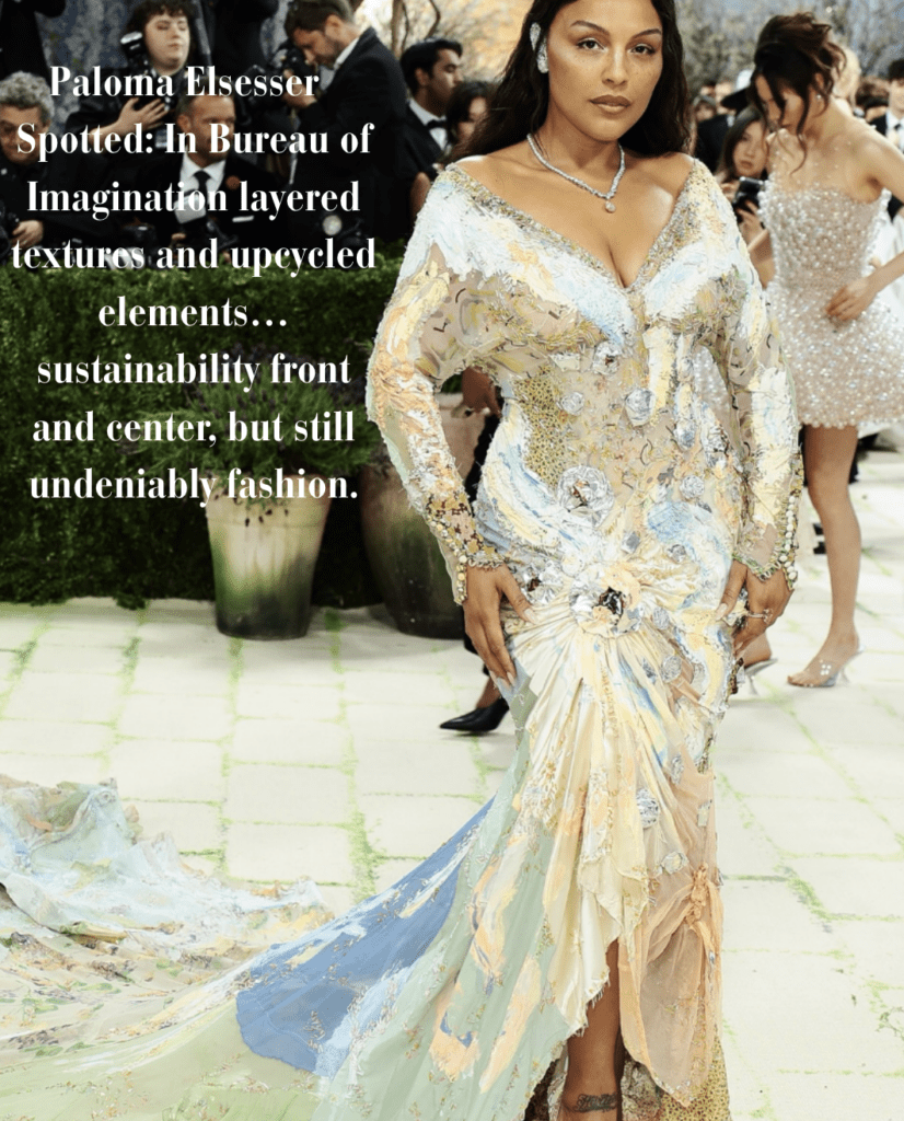 Paloma Elsesser wore a painterly Francesco Risso look from Marni, layered textures and upcycled elements that read as fashion first but carried a clear material story. Risso's track record at Marni has consistently included reclaimed and reworked textiles, so this wasn't accidental. Elsesser knows her designers, and she made a choice.