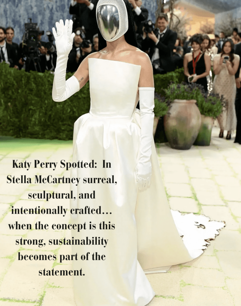 Katy Perry, also in Stella McCartney, in a sculptural white gown with an unmistakable look that belonged to a strong, clear concept. When the creative intention is this developed, sustainability isn't a footnote. It's woven into why the piece exists at all.
